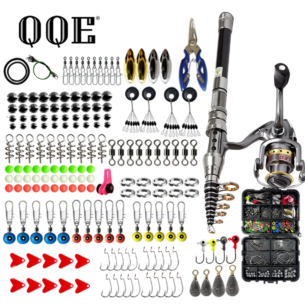 QQE 1.8meters Portable Carbon Fiber Telescopic Fishing Rod Spinning Reel Set Fishing Pliers Hard Tackle Box Full Accessories