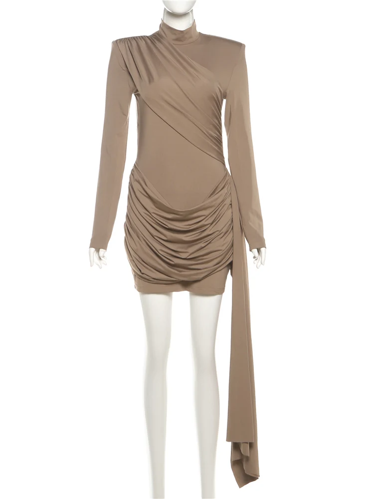 Kliou Elegant Ruched Short Dresses Woman Autumn Trend Turtleneck Full Sleeve Ribbon Decoration Midnight Club Party Mini Bodycon