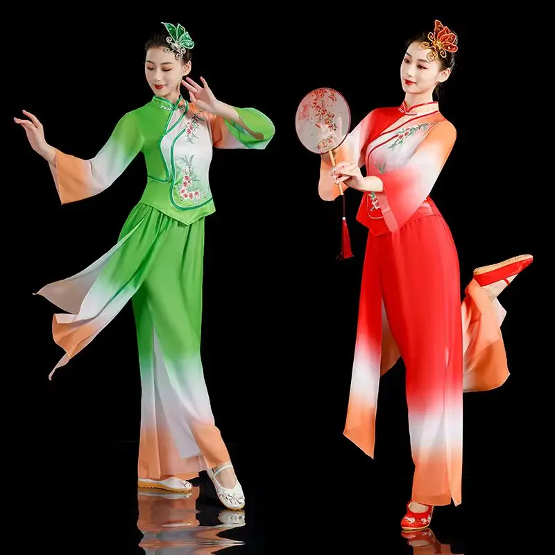 

Woman Hanfu Classical Dance Yangko Costume Female Umbrella Dance Traditional Modern Fairy Folk Dress Stage Wear Performance