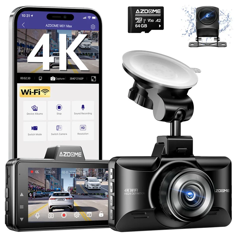 AZDOME M01 Max 4K+1080P Dash Cam Built-in Wi-Fi ADAS App Control Car DVR G-Sensor IP68 Waterproof 24H Parking Mode Dashcam