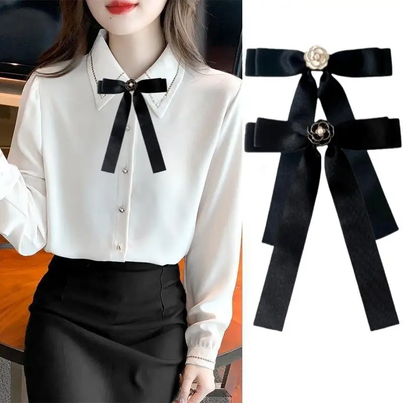 Temperament Black White Camellia Bow Brooch Mourning Corsage Pin Bowknot Neck Tie Brooch Shirt Collar Accessories For Woman