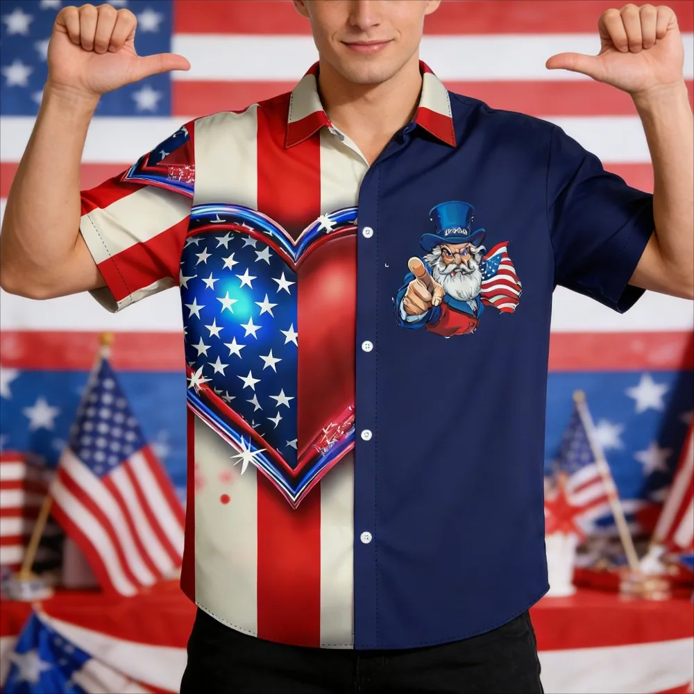​Men's Patriotic July 4th Button-Up Shirt American Flag Eagle Print Short Sleeve Casual Top for Independence Day Celebrations