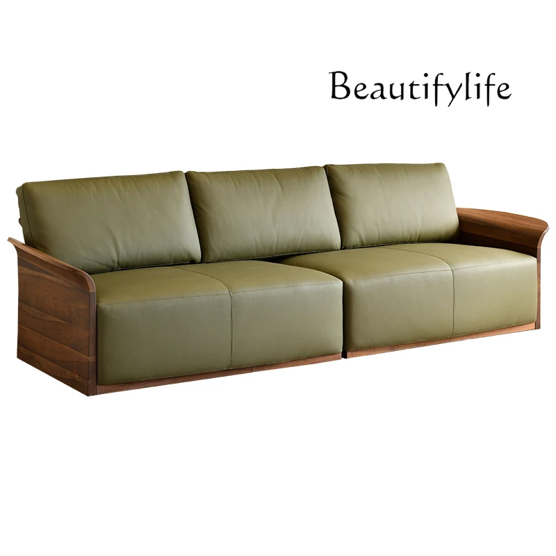 

North America Black Walnut Solid Wood Top Layer Leather Sofa Villa Living Room Straight Row Three-Seat