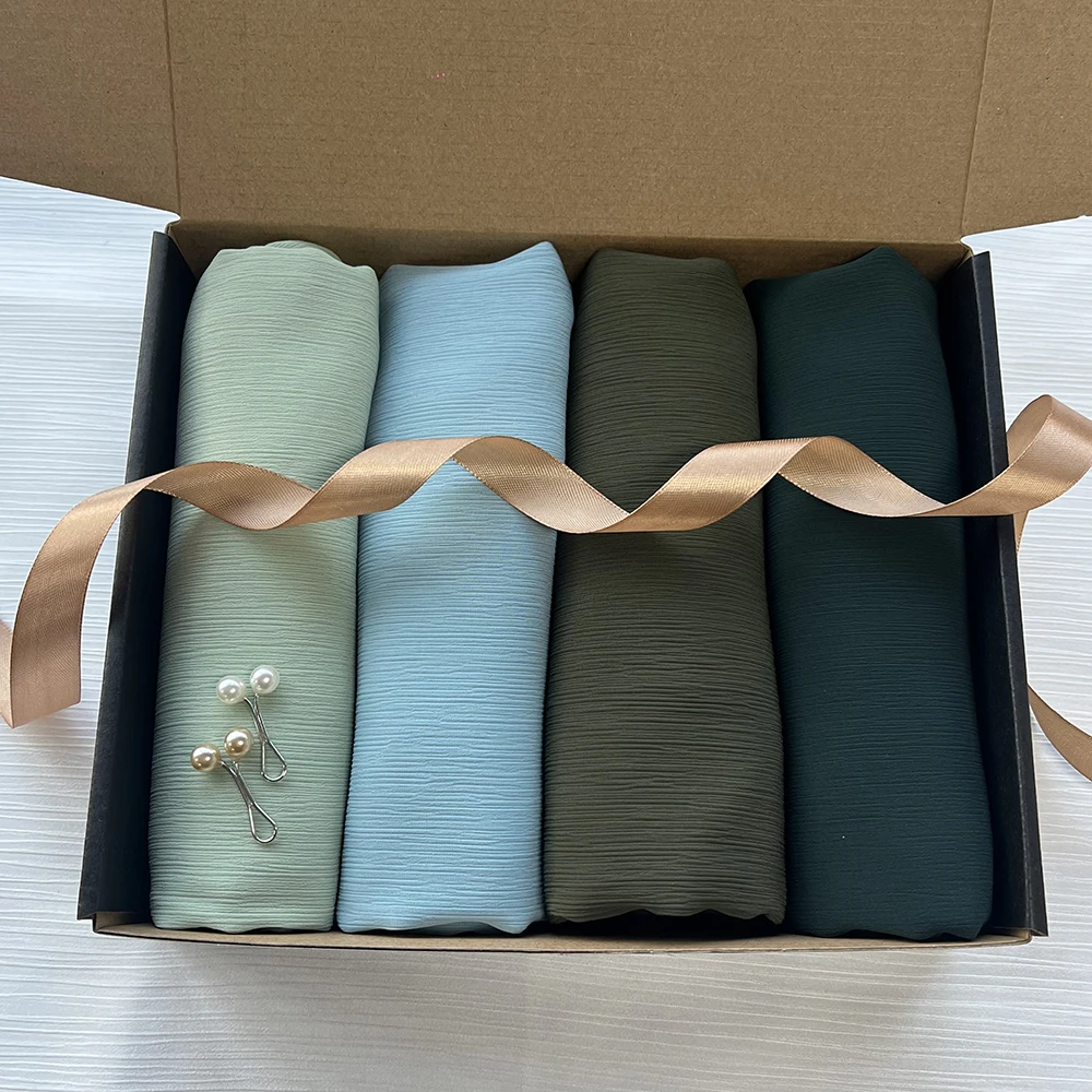 Custom Gift Box Premium Crinkle Chiffon Hijab Muslim Plain Crepe Scarf Malaysian Shawl Women Headscarf Accessories