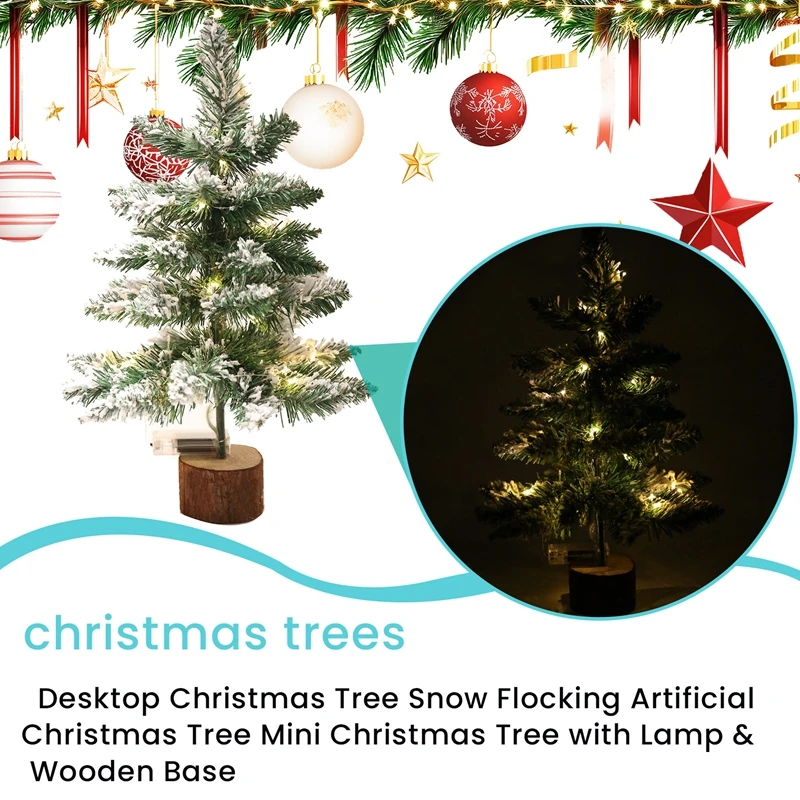 Desktop Christmas Tree Snow Flocking Artificial Christmas Tree Mini Christmas Tree with Lamp & Wooden Base-A27R