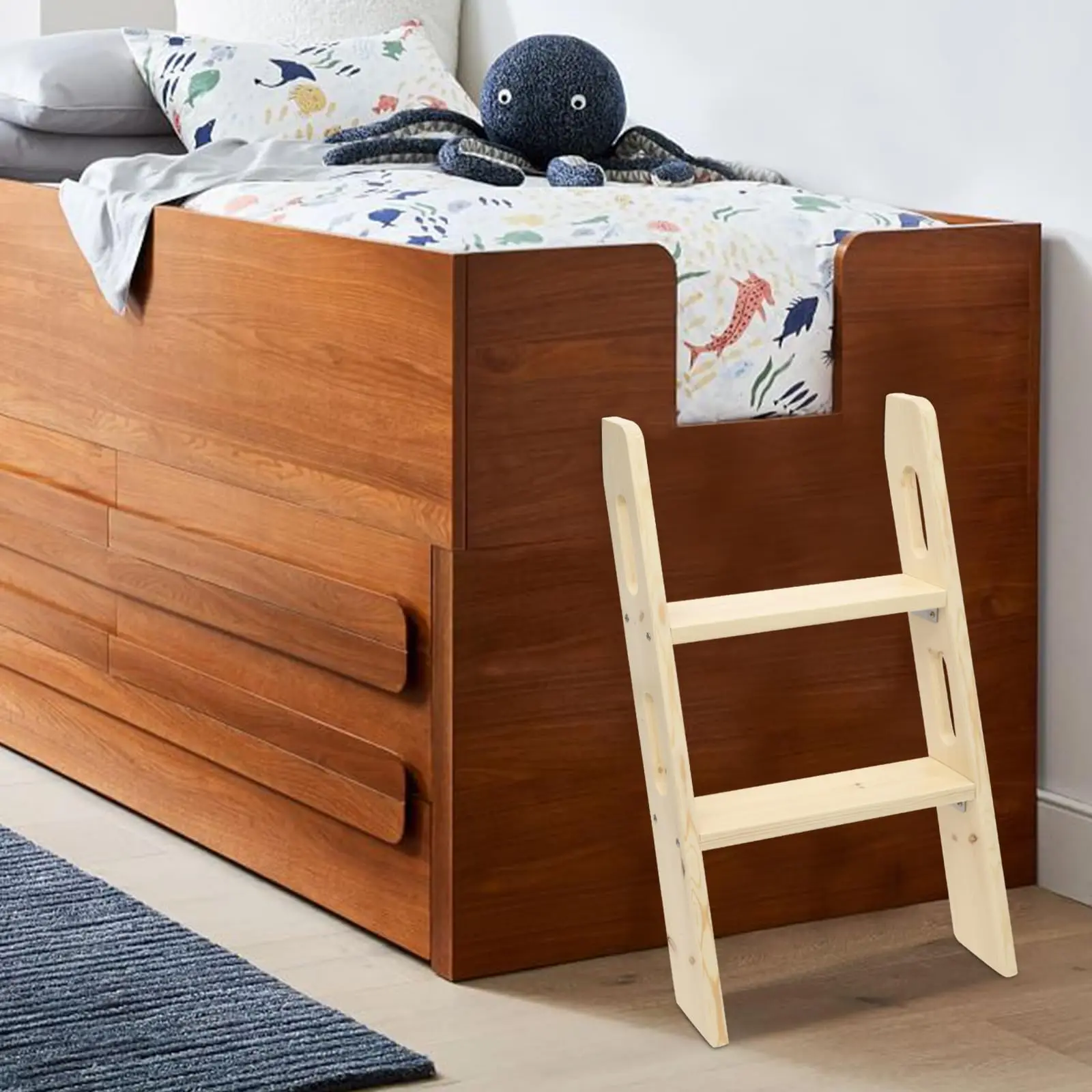 Solid Wood Bed Ladder, 30in Universal Smooth Edges Space-Saving Step Ladder W/Corner Connectors, Non Slip Long Climb Ladde for I