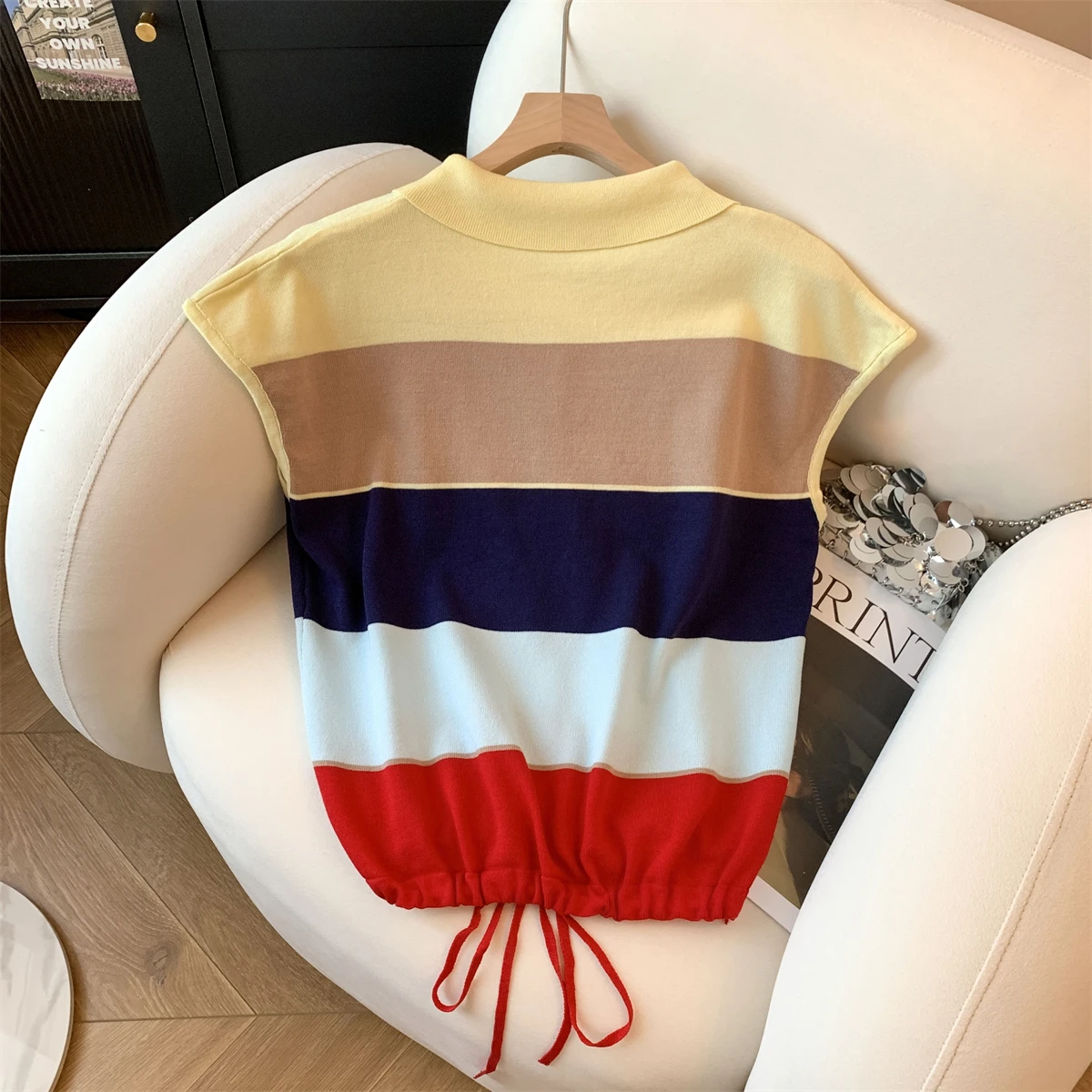 Dopamina colorido listrado camisola coletes feminino malha topos camisetas 2025 verão cordão elegante chique moda malhas camisetas