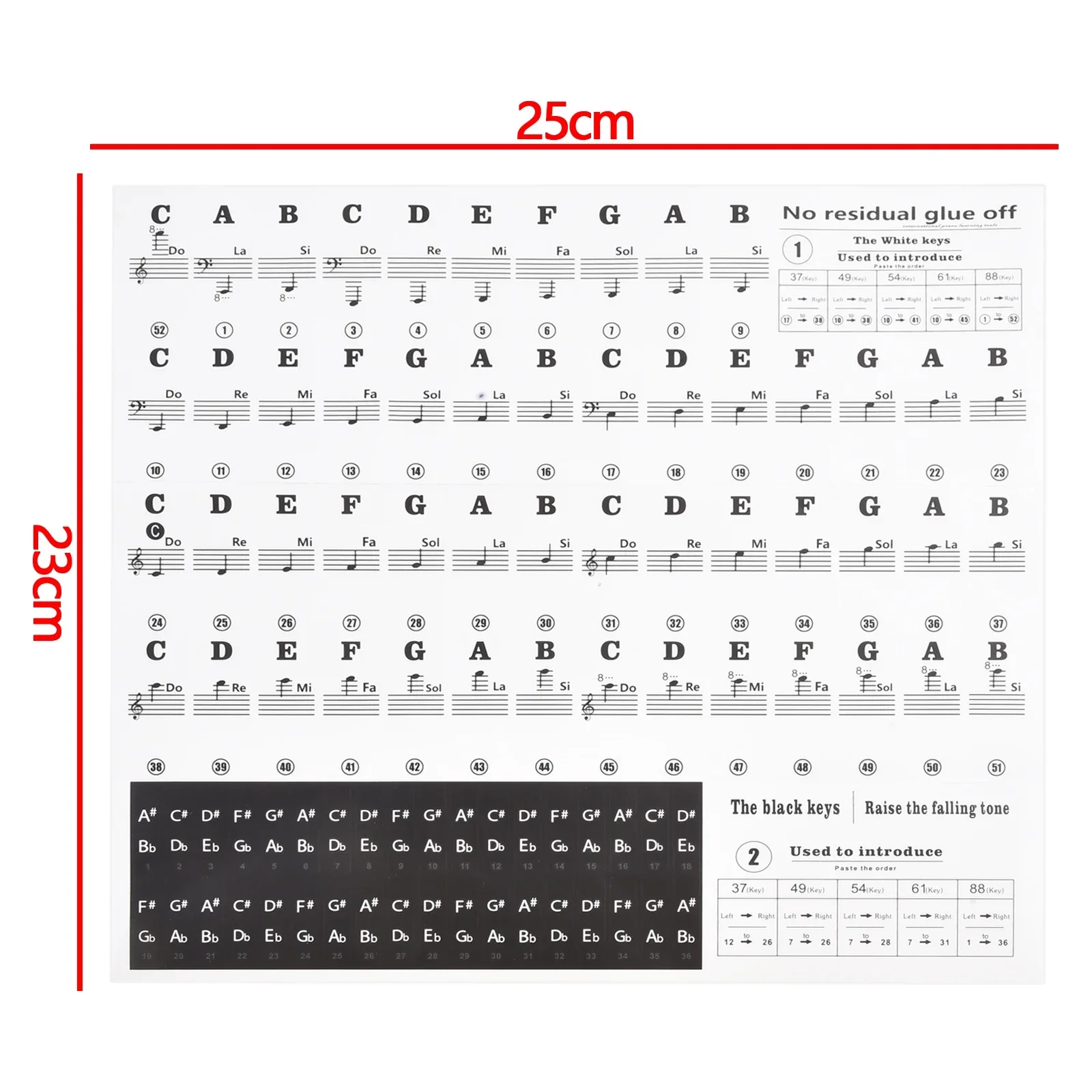 

For Piano Lovers Piano Decal Notes Piano Stickers 88/61/54/49/37 Keys Approx. 15 G Approx. 25*23cm Balck Colorful