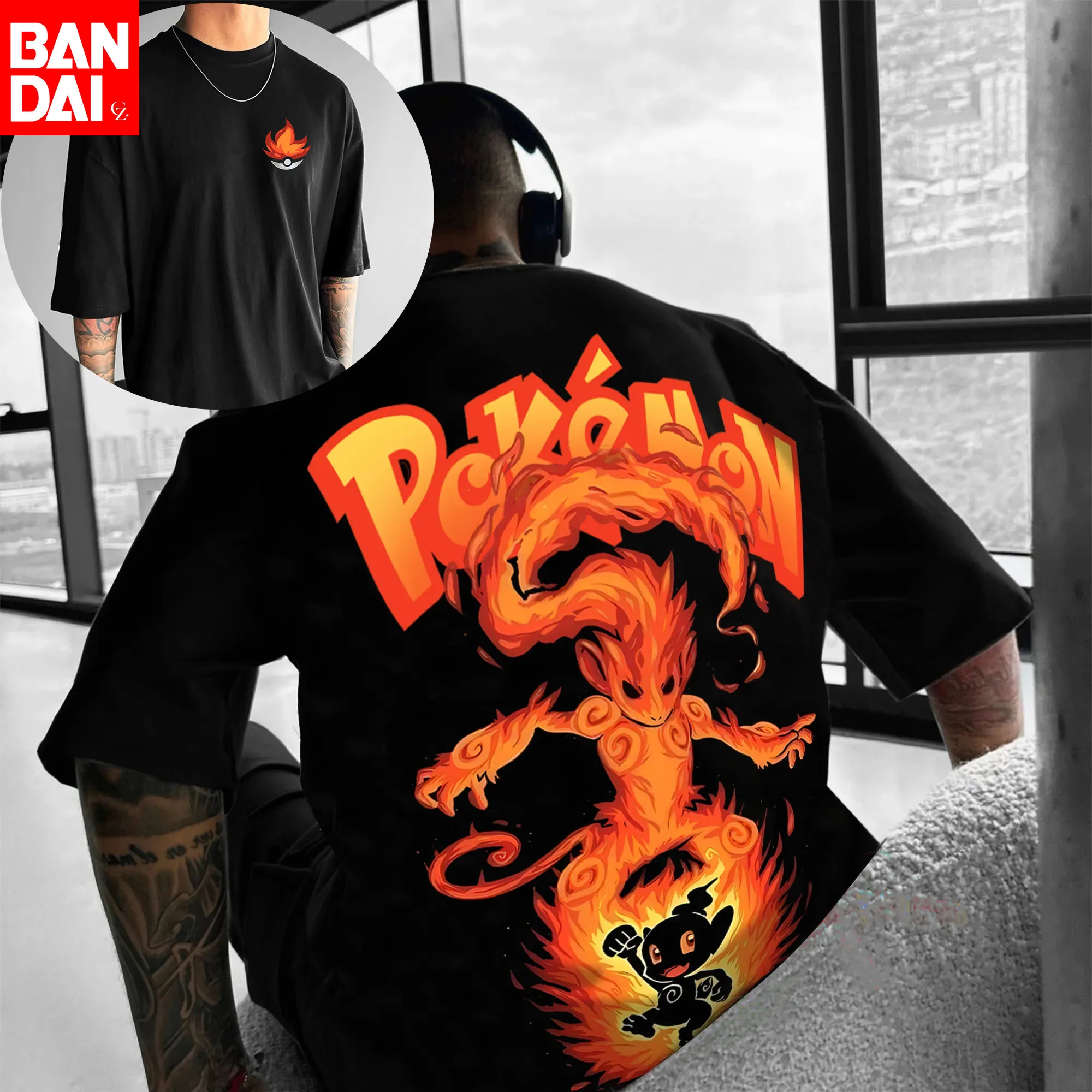 

Pokemon Chimchar Infernape Evolution Print T Shirt Men 2026 Summer Black Oversized Tee Anime Streetwear Harajuku Loose Cotton