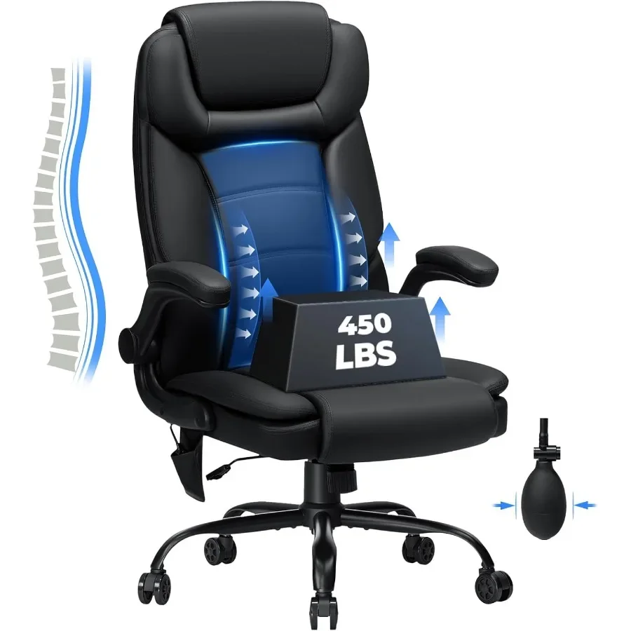 Executive Office Chair for Heavy People, Black Leather, Heavy Duty 450lbs Capacity, High Back Ergonomic Design with Adjustable