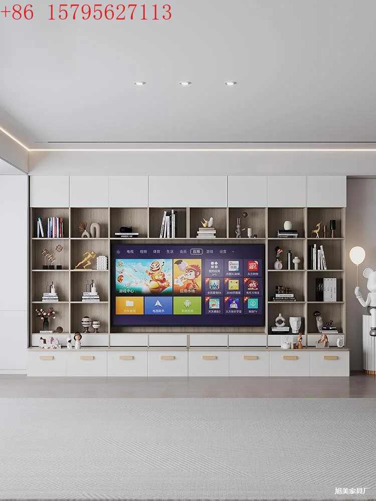 Full wall bookcase TV cabinet integrated to the top floor storage bookshelf living room library