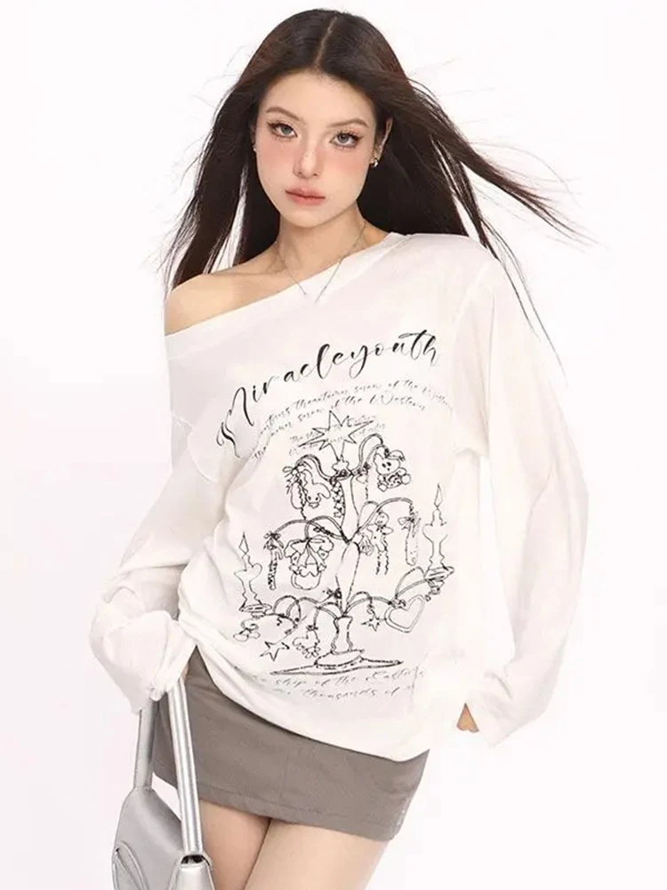 Graffiti Print Off Shoulder T Shirts Women Korean Chic Lazy Loose Long Sleeve Thin Tops Simple Transparent Casual Tees