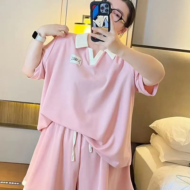 Damska koszulka z krótkim rękawem i krótkimi spodniami, plus size, luźna, gruba dama, oversize, damska, lato, 150kg