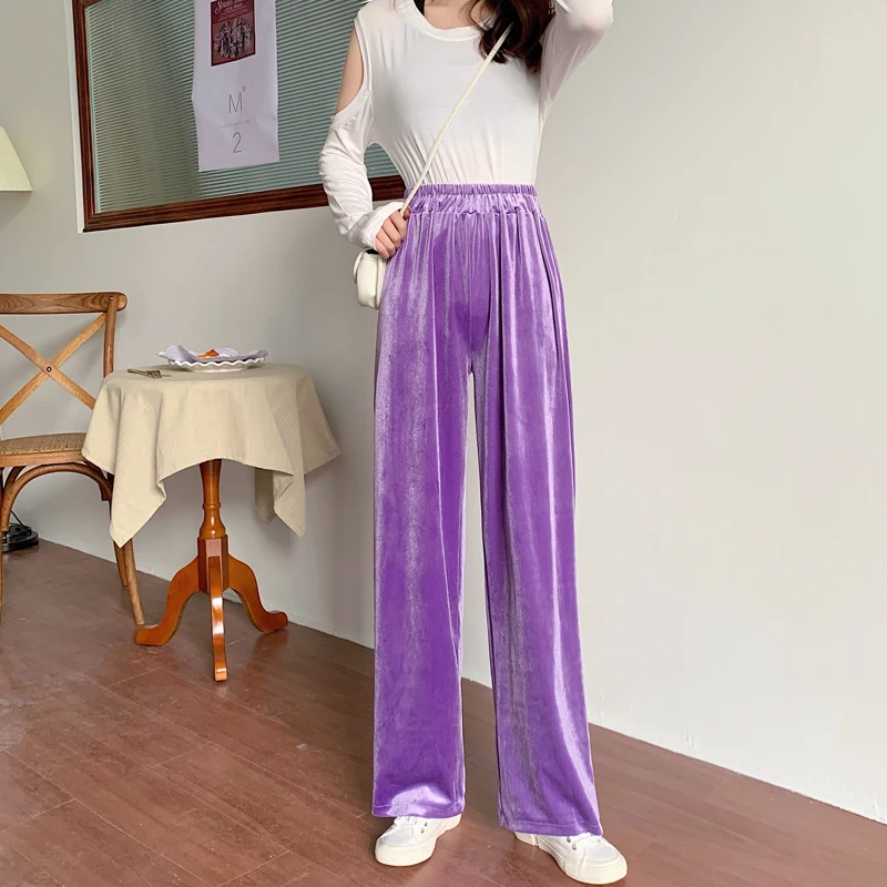 2023 Autumn Straight Velour Women Pants High Waist Casual Wide Legs Pants Black Purple Loose Female Fashion Student Trousers New