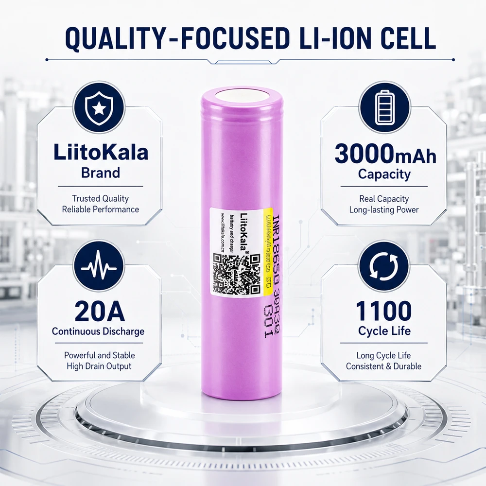 LiitoKala 18650 Battery 3000mAh 20A 3.6V Flat Top Rechargeable Li-ion Cell for DIY Battery Packs and Flashlights