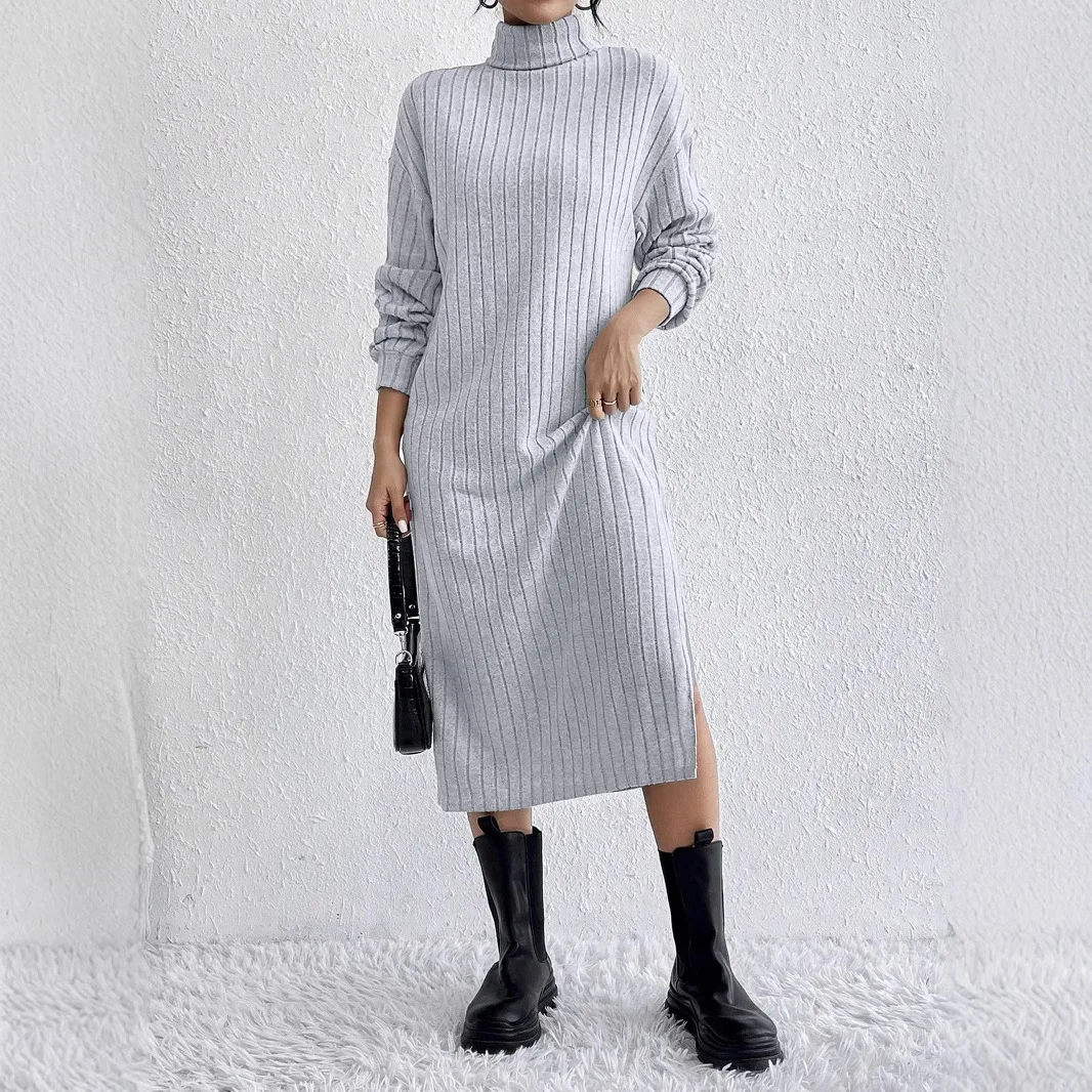 New Autumn Winter Solid Long Sleeve Turtleneck Maxi Dress Women casual Skinny Elastic Side slit Straight Knitted Dresses Fashion