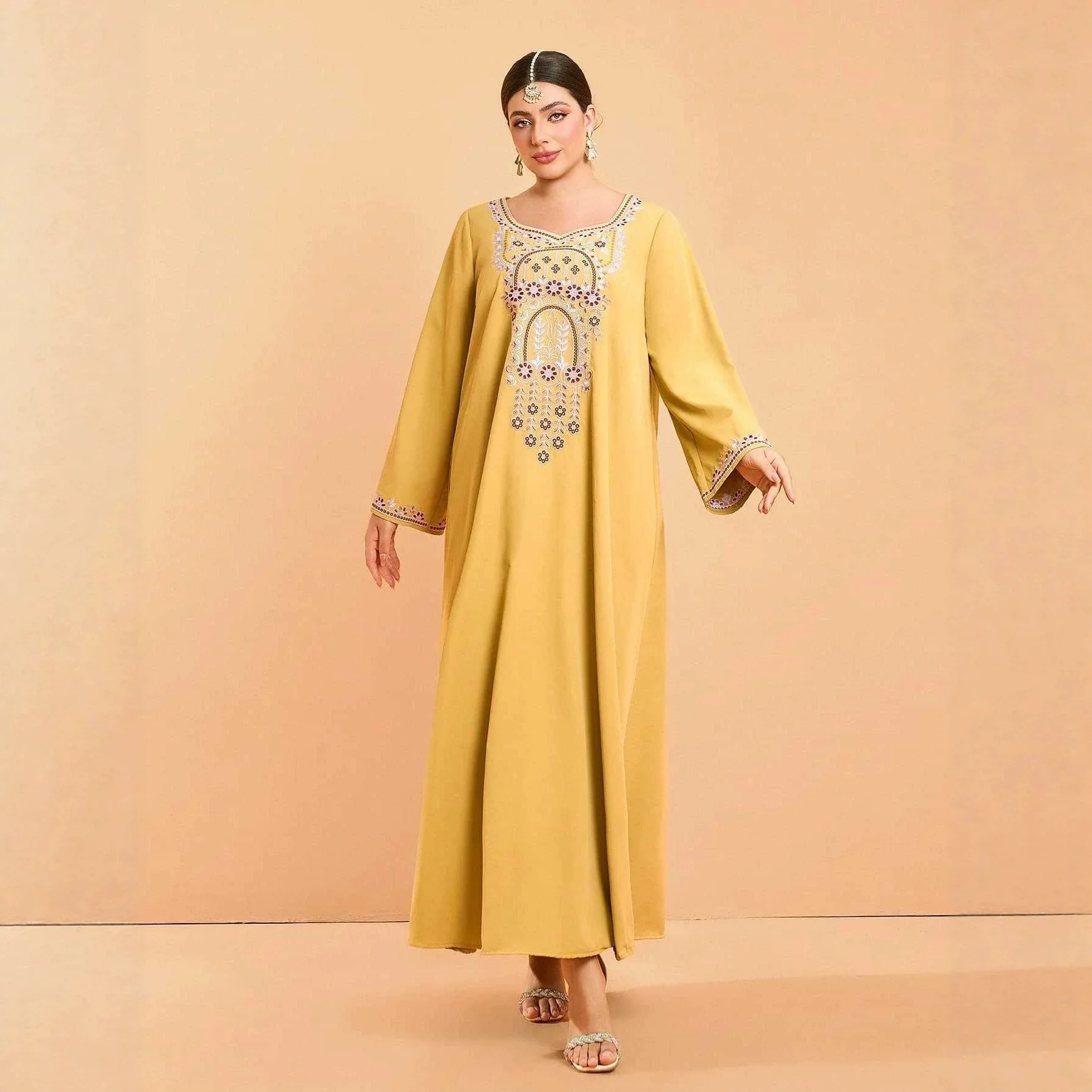 

2026 New Plus Size Women's Yellow Long Sleeve Evening Dress, Loose Fit, Suitable For Banquets And Daily Wear Islam Elegant