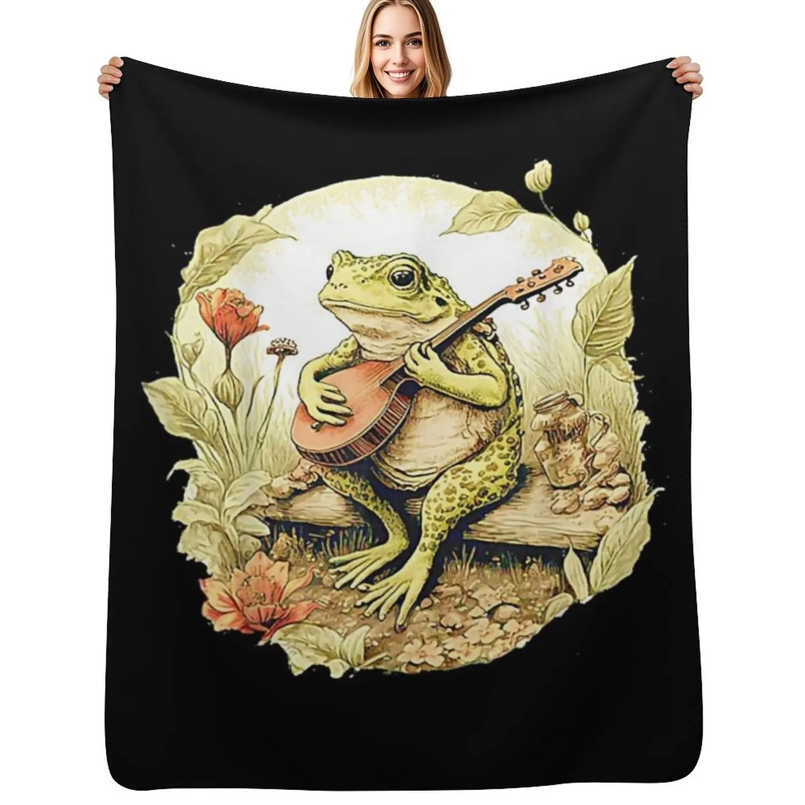 

Frog Playing Banjo On Log, Funny Cottagecore Aesthetic Frog With Musical instrument Throw Blanket Sofa Throw Blankets
