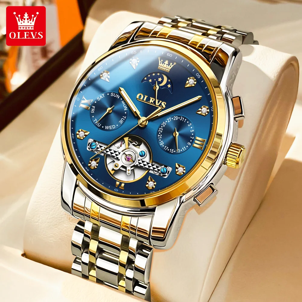 

Мужские часы OELVS 6678, оригинальные автоматические механические часы с турбийоном, водонепроницаемые, с подсветкой, указателем даты, дня недели и фаз луны.
