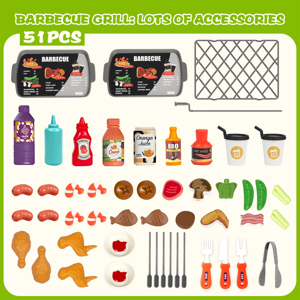 Multifunctional playhouse barbecue toy, with spray design, realistic barbecue tools, gift