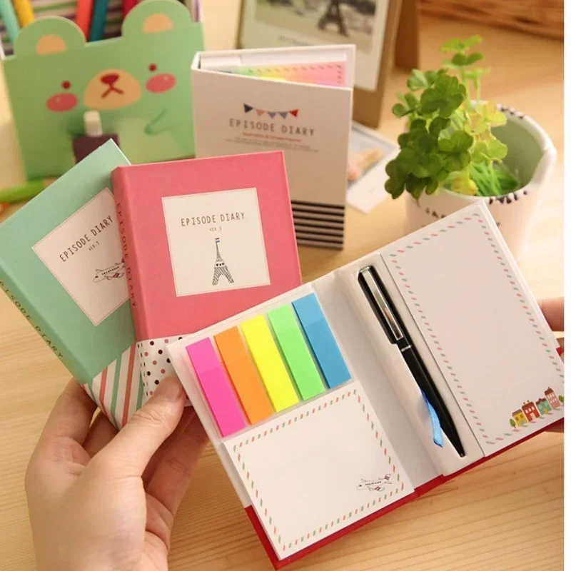 1 Set of Stationery New Creative Cute Hard Shell Notepad Combination Convenient Sticker Notebook with Pen Stationery Random