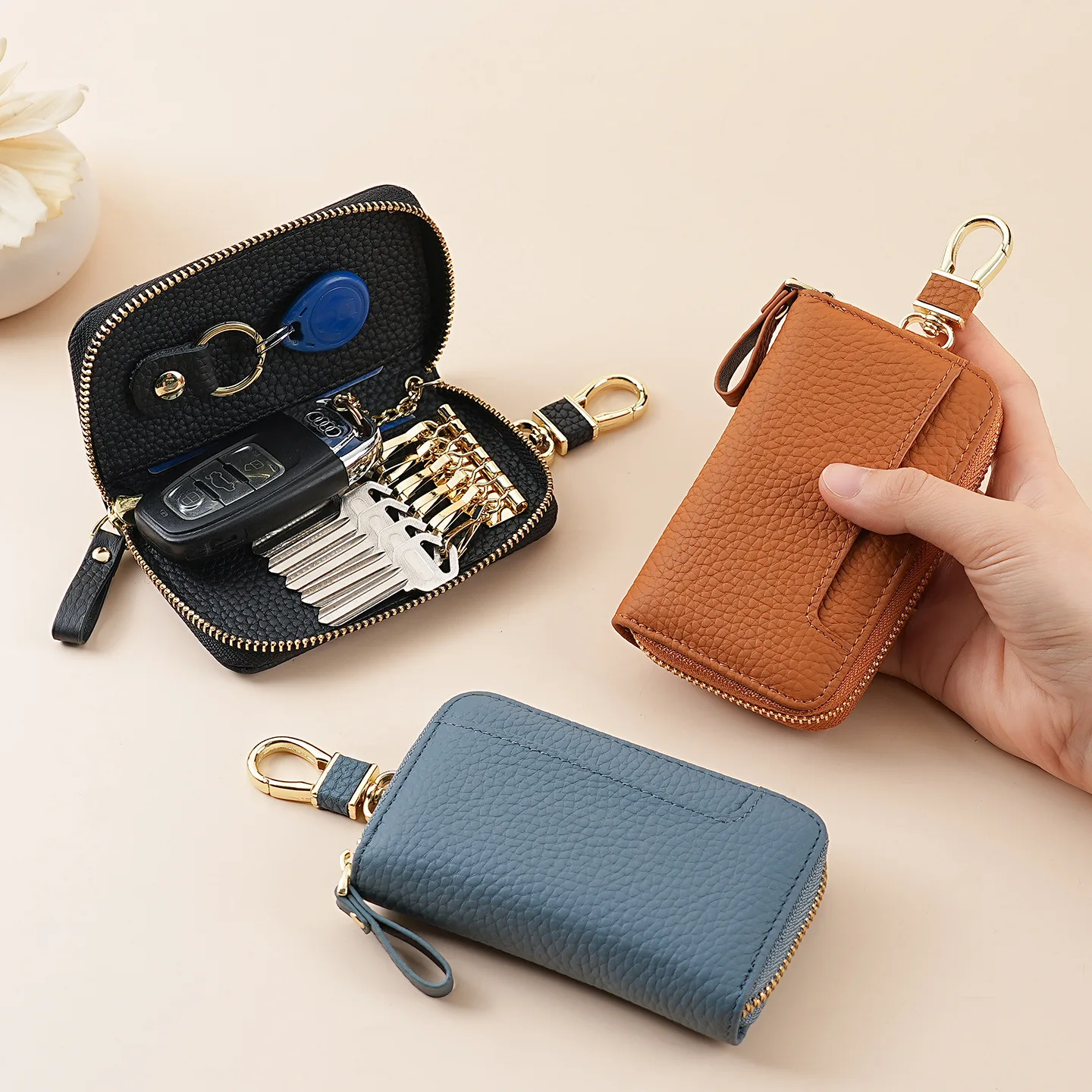 

Genuine leather car key pouch, household key storage bag, dual-purpose with detachable access card key buckle, car key case