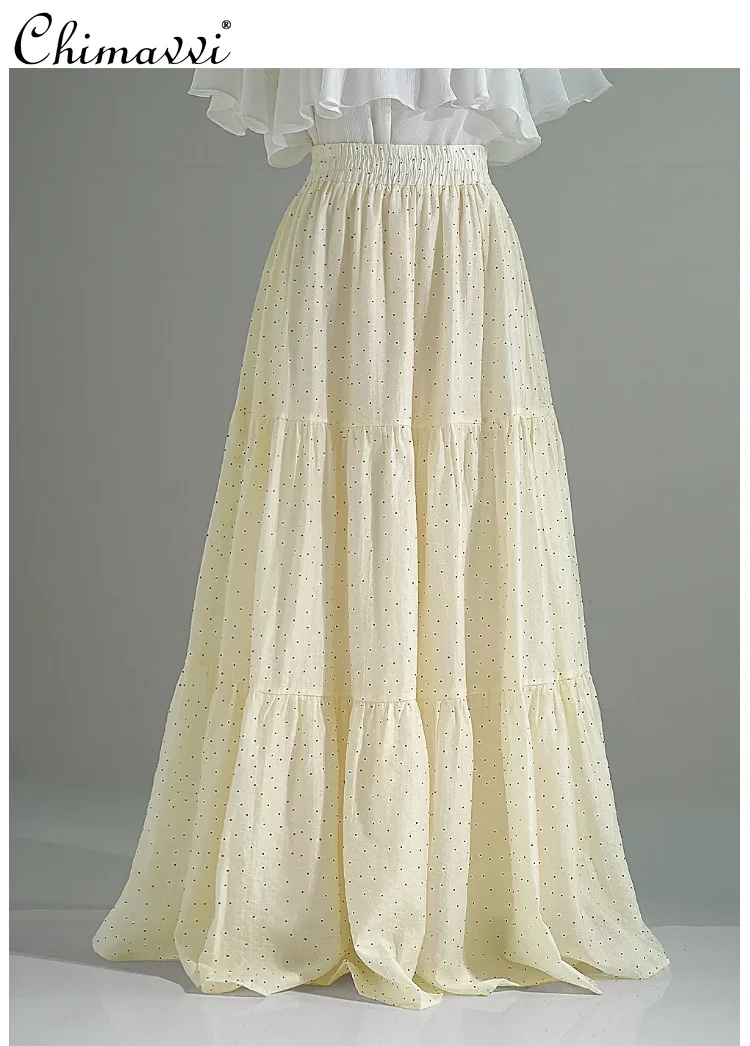 

Элегантная черная юбка А-силуэта в горошек во французском стиле с высокой талией, эластичная, универсальная, повседневная, длинная, для женщин, весна 2026