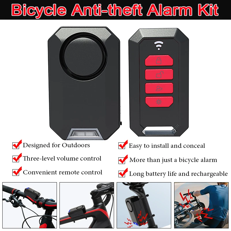 

Bicycle Anti-theft Alarm with Remote Control Multi-functional Bicycle Alarm 135dB Adjustable Siren IPX5 Waterproof for Motobike