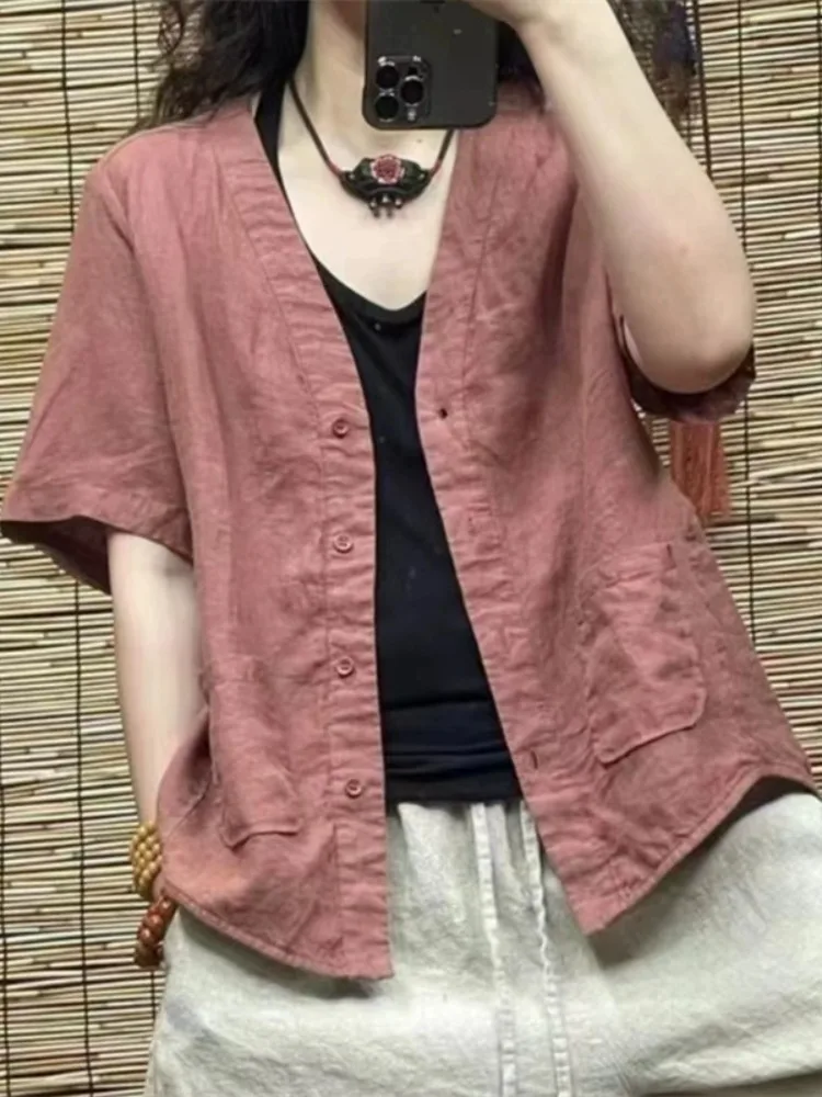 

Pure Color Linen Cotton Blend ort Sve Open Cardigan Women's Summer Thin Outerwear Loose Slimming Sun Protection Top