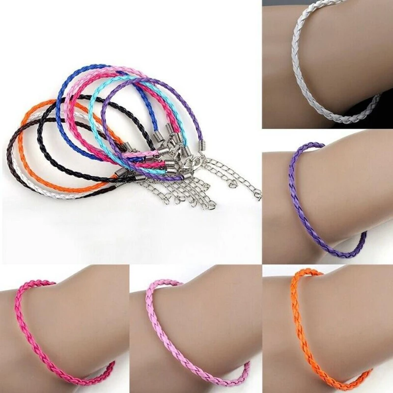 10pcs/Lot Multicolor Braided Leather Cord Bracelet Lobster Clasp String Extended Metal Chain Bracelet Adjustable Jewelry Making