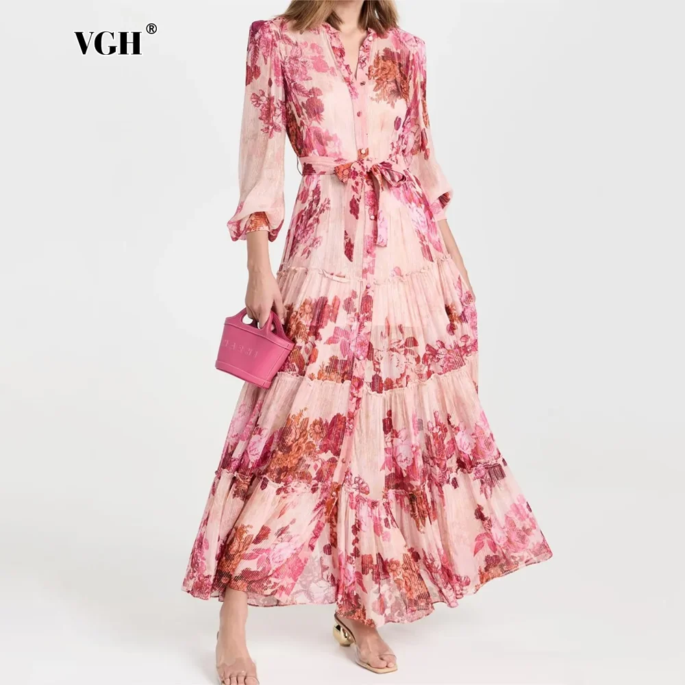 

VGH Elegant Printing Slimming Dresses For Women Round Neck Long Sleeve High Waist Spliced Lace Up Temperament Dress Female New