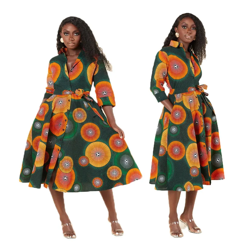 

Mid Length Dress Women Shirt Dresses A Line Single Breasted Streetwear Print Floral Elegant Y2k Lace Up High Waist Vestidos