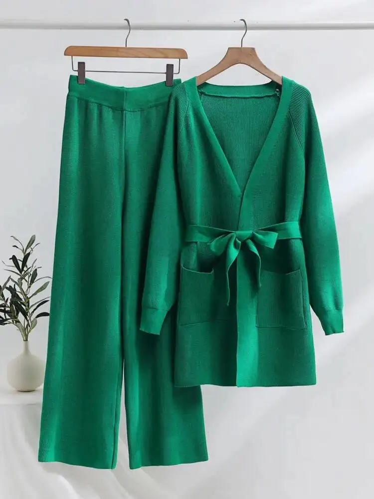 Winter Thicken Wide Leg Pants Knit Pocket Cardigan Coat Two-piece Set Women Autumn Fashion Loose Pants Suit Tracksuits Elegant