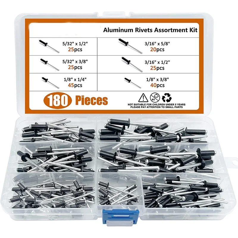 180pcs Black Aluminum Pop Rivets Mushroom Head Blind Rivets with Break Mandrel for Metal/DIY Projects