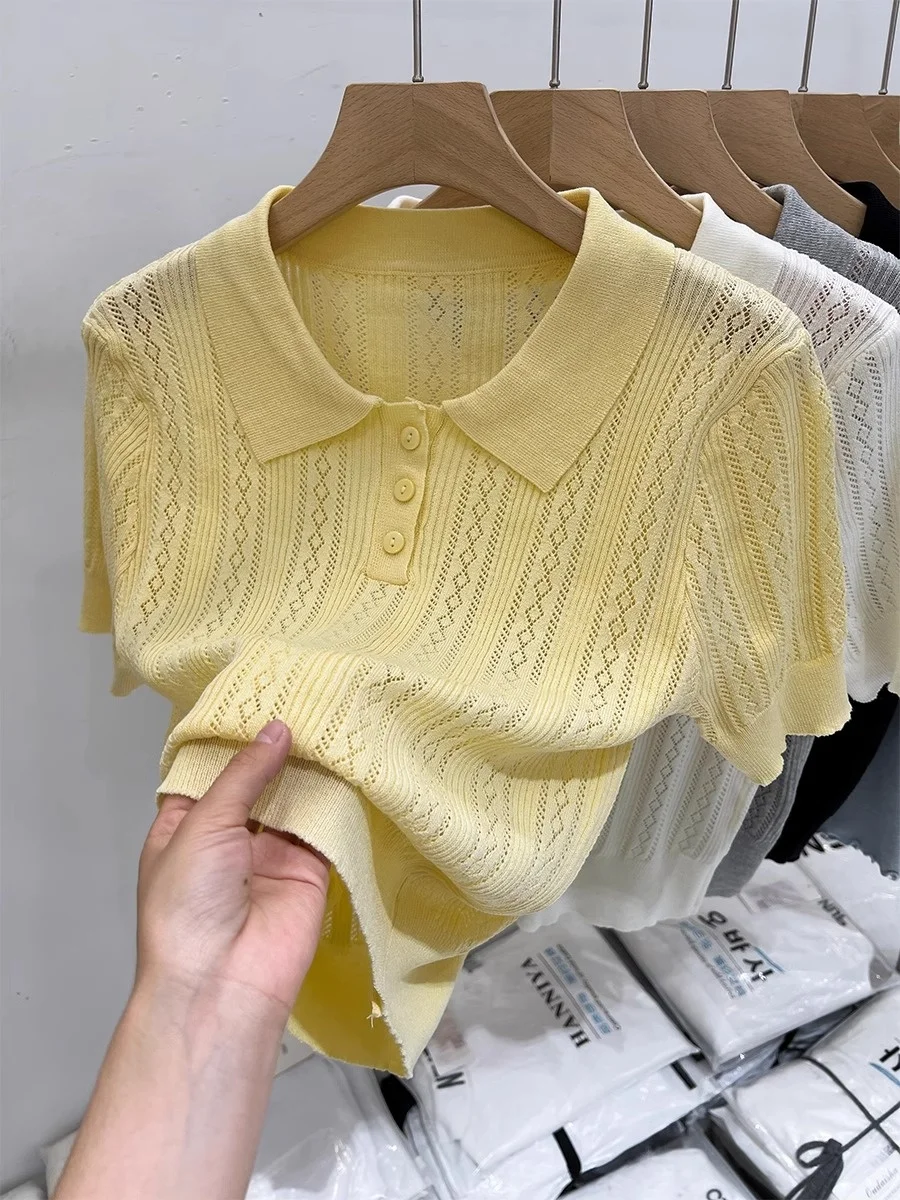 

irt Sle Hollow out ort Sve Knitted Women's Summer Top f Sve Flip Collar Yellow Color Korean Version Pure ...