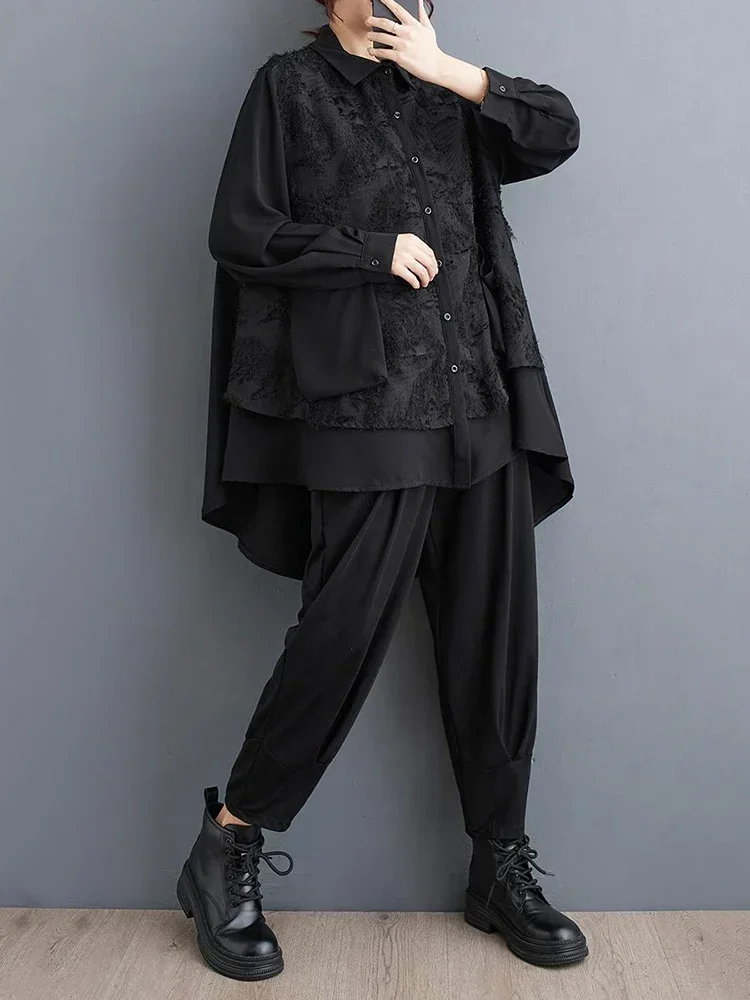 XITAO Irregular Patchwork Shirt Long Sleeve Black Fashion Simplicity Casual Loose Women Trendy Top 2024 Spring New DMJ2911