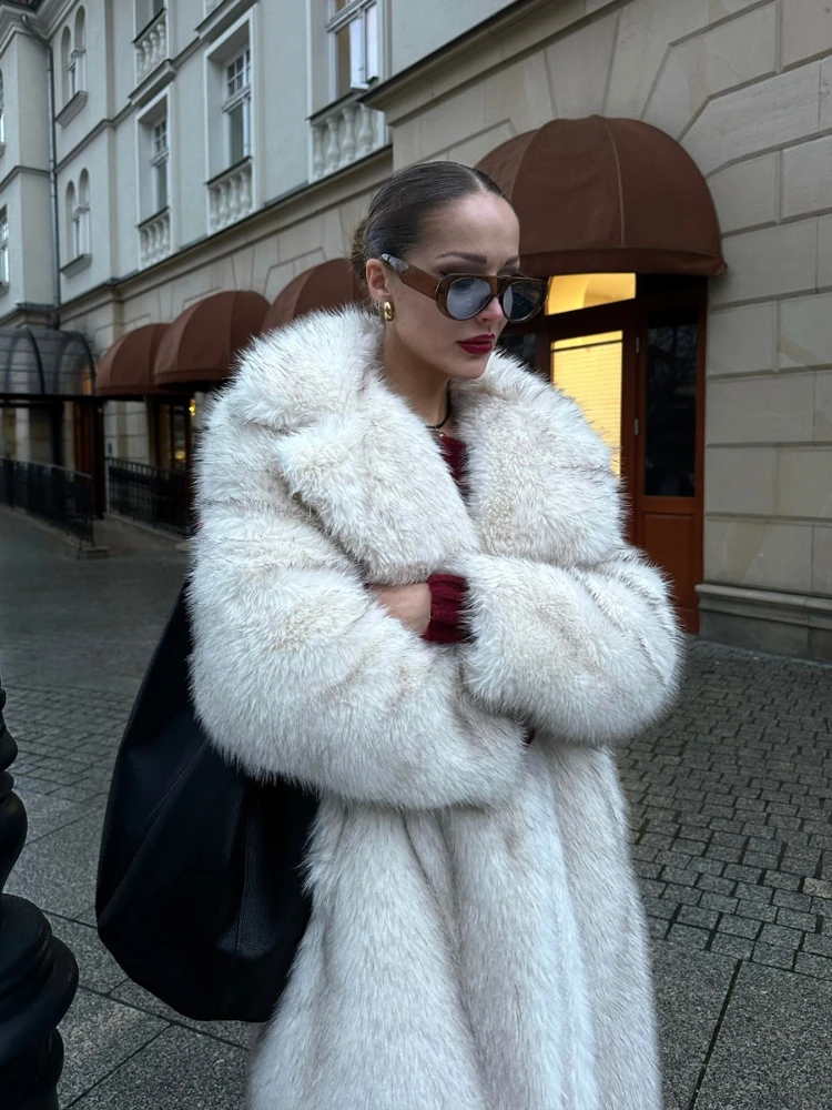 Abrigo largo blanco de piel sintética para mujer, chaqueta grande de otoño e invierno, abrigo con bolsillos y cuello vuelto, Parkas gruesas, chaquetas cálidas, abrigos Maxi