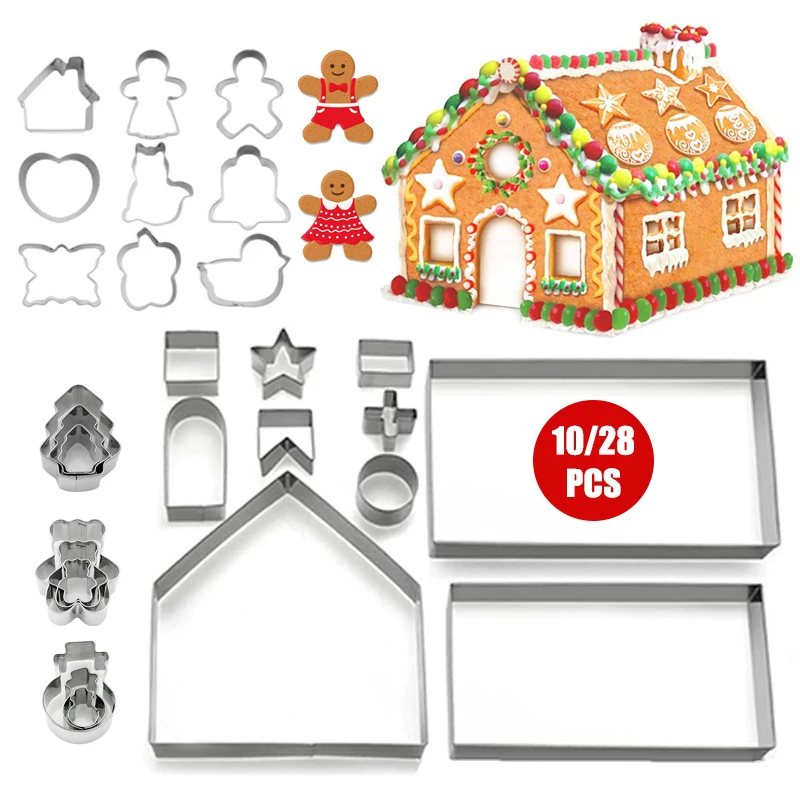 10/28Pcs Christmas Cookie Cutter Set Stainless Steel Gingerbread House Cookie Cutter Set Cake Biscuit Cutter Mold Baking Tools