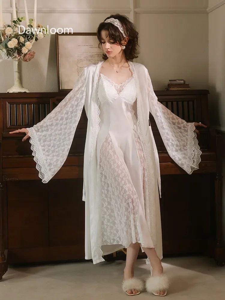 

Dawnloom White Satin Lace Backless Camisole Nightgown & Robe Two-Piece Set for Women Luxury Retro Romantic Long Home Loungewear