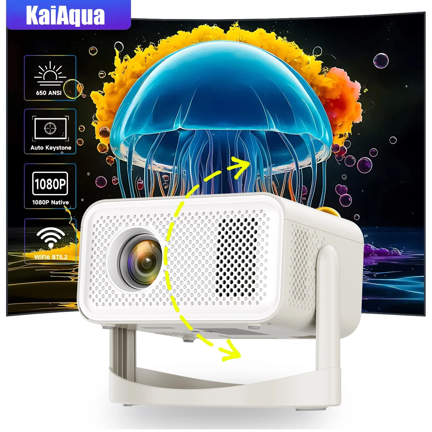 

Top! KaiAqua 4K 650ANSI HT23 Plus Native Portable Projector 1080P Auto Focus Keystone Correction BT5.2Android11WIFI6 360° Home C