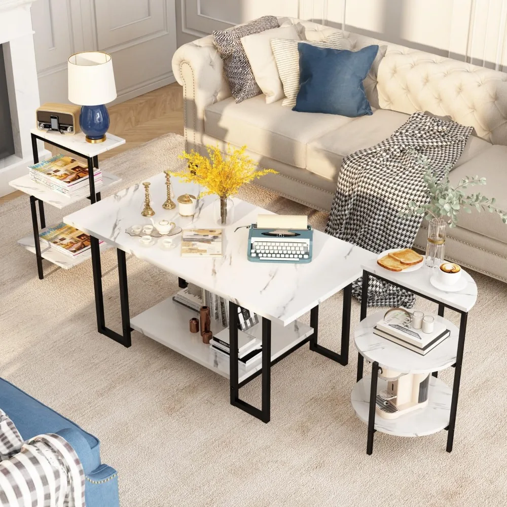 Faux Marble 3-Piece Table Set: Coffee Table with Two Side Tables, Metal Frame, Ideal for Living Room