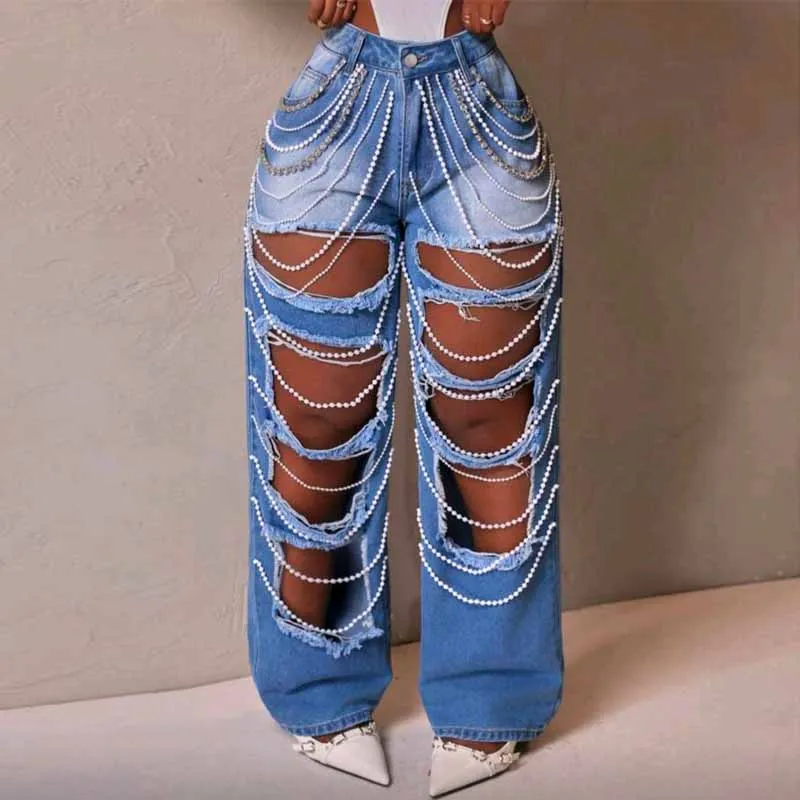 Jeans for Women New Casual Beading Hole Straight Cowboy Long Women Jeans Pantalones Vaqueros Mujer Pants Mujer 2026 Q6533