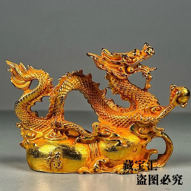 Vintage Gilded Hand Chiseled Twelve Zodiac Dragon Green Dragon Presents Treasure Home Decor Luck Attracting Golden Dragon Statue