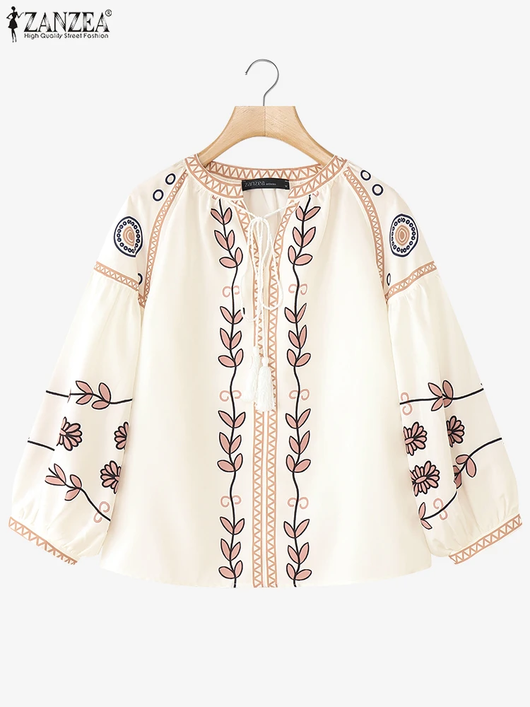 

ZANZEA Blusas Women Vintage Floral Printed Blouses 3/4 Sleeve Tassel Lace-Up O Neck Tops 2025 Oversized Casual Loose Tunics
