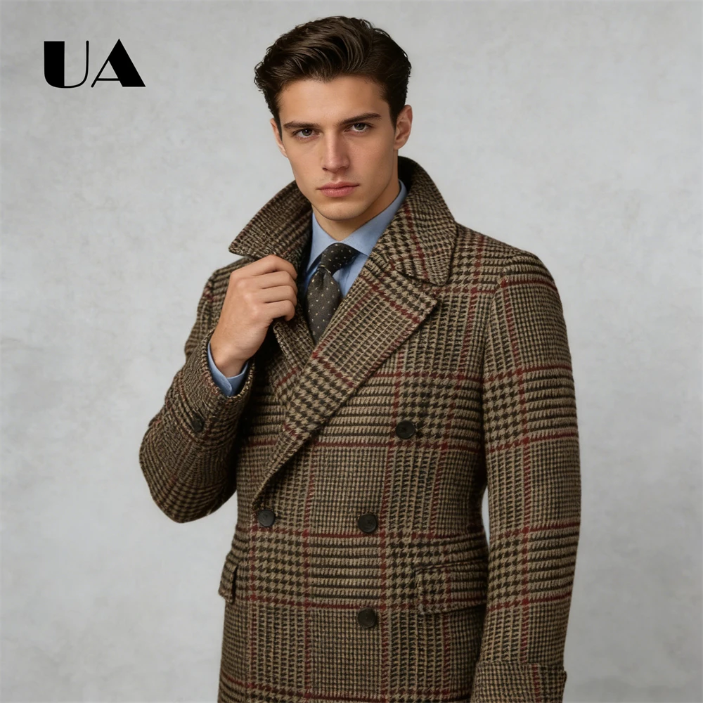 

ULBYANRY British Retro Men's Fashion Coat Notched Lapel Mid Long Suit Coat Plaid Blend Suit Blazer Wind Breaker Autumn & Winter