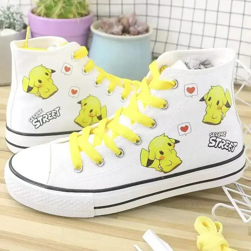 

drop shipping 2025 new spring winter Pikachu cartoon high top plus big black real photo canvas shoes student shoes for men women