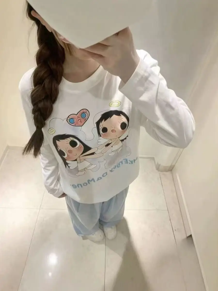 Loose Fit Pure Cotton Long Sleeve T-Shirt Women's Base Layer Top Fun Graffiti Hand-Drawn Small Jade Print Casual Style