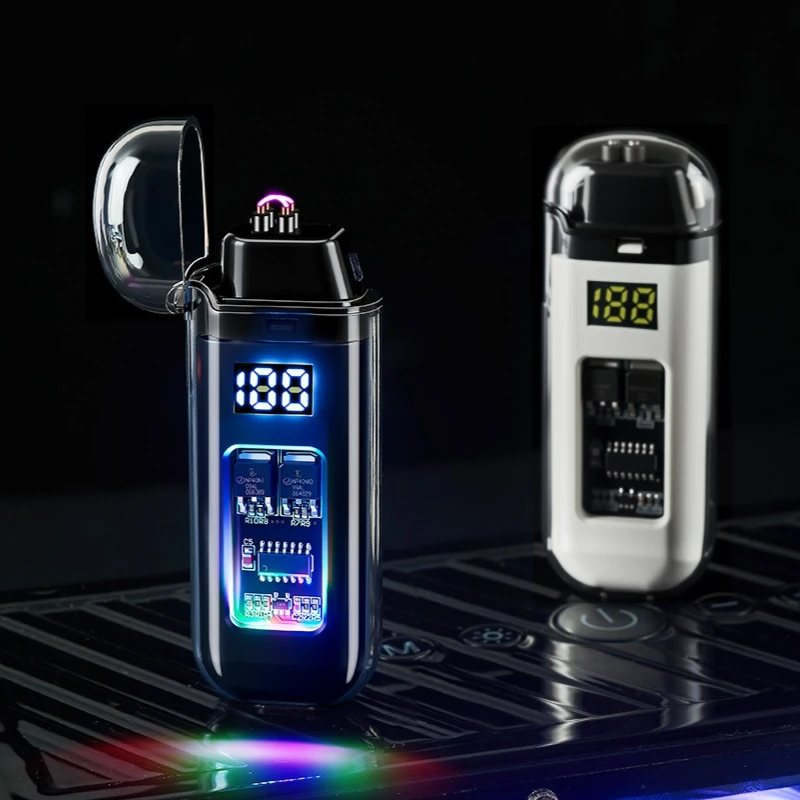 Transparent Shell Double Arc Plasma Electric Lighter with LED Digital Power Display, Ignition Count Function Color RGB Light