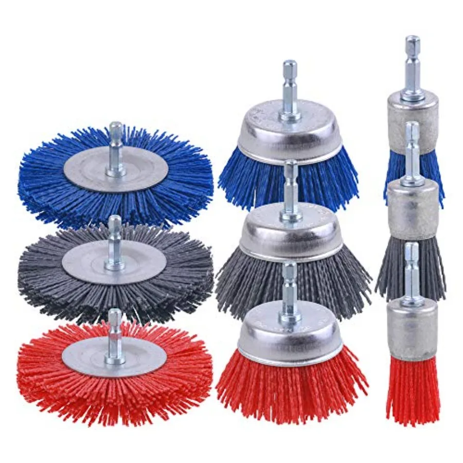 9 Pack Nylon Filament Abrasive Wire Brush Wheel and Cup Brush Set with 1/4 Inch Hex Shank, for Removal of Rust/Corrosion/Paint