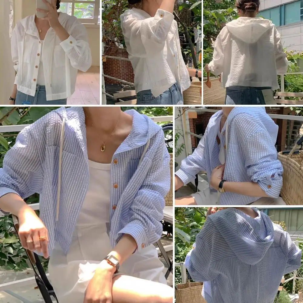 Women Summer Lightweight Solid Color Long Sleeve Hooded Shirt Striped Breasted Single P9h3